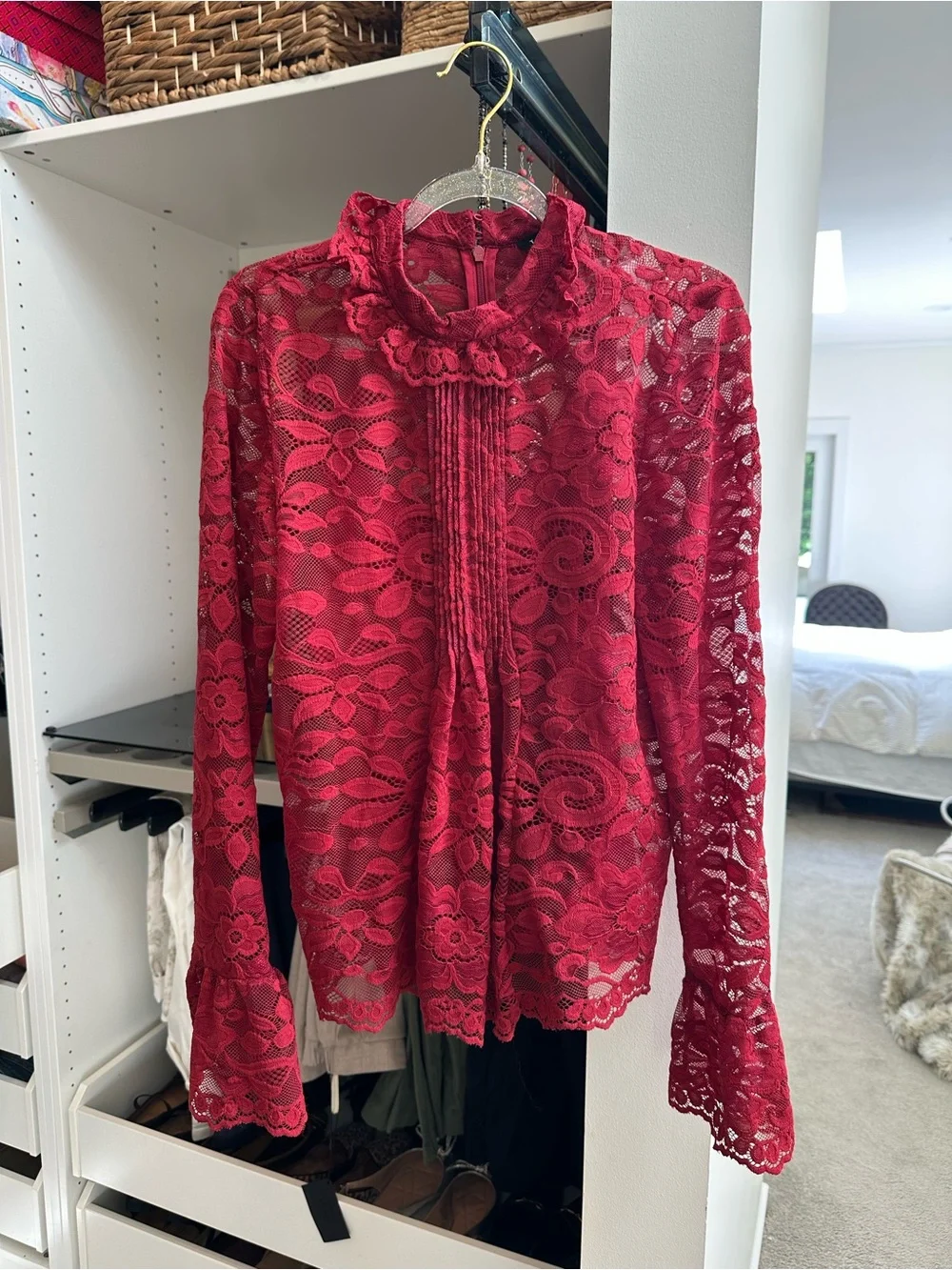 J. Crew Red Lace Pintuck High-Neck Blouse